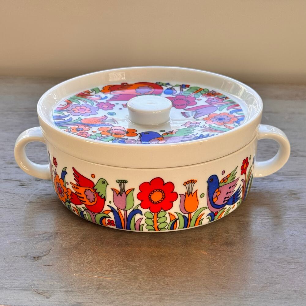 Royal Crown Bowl Lid Porcelain Paradise Birds Tulips Ovenware 33-698 VTG 1960s